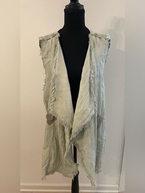 Carolyn's Artwear Designs Lagenlook Frayed Edge Open Vest Sage Green Artsy, L